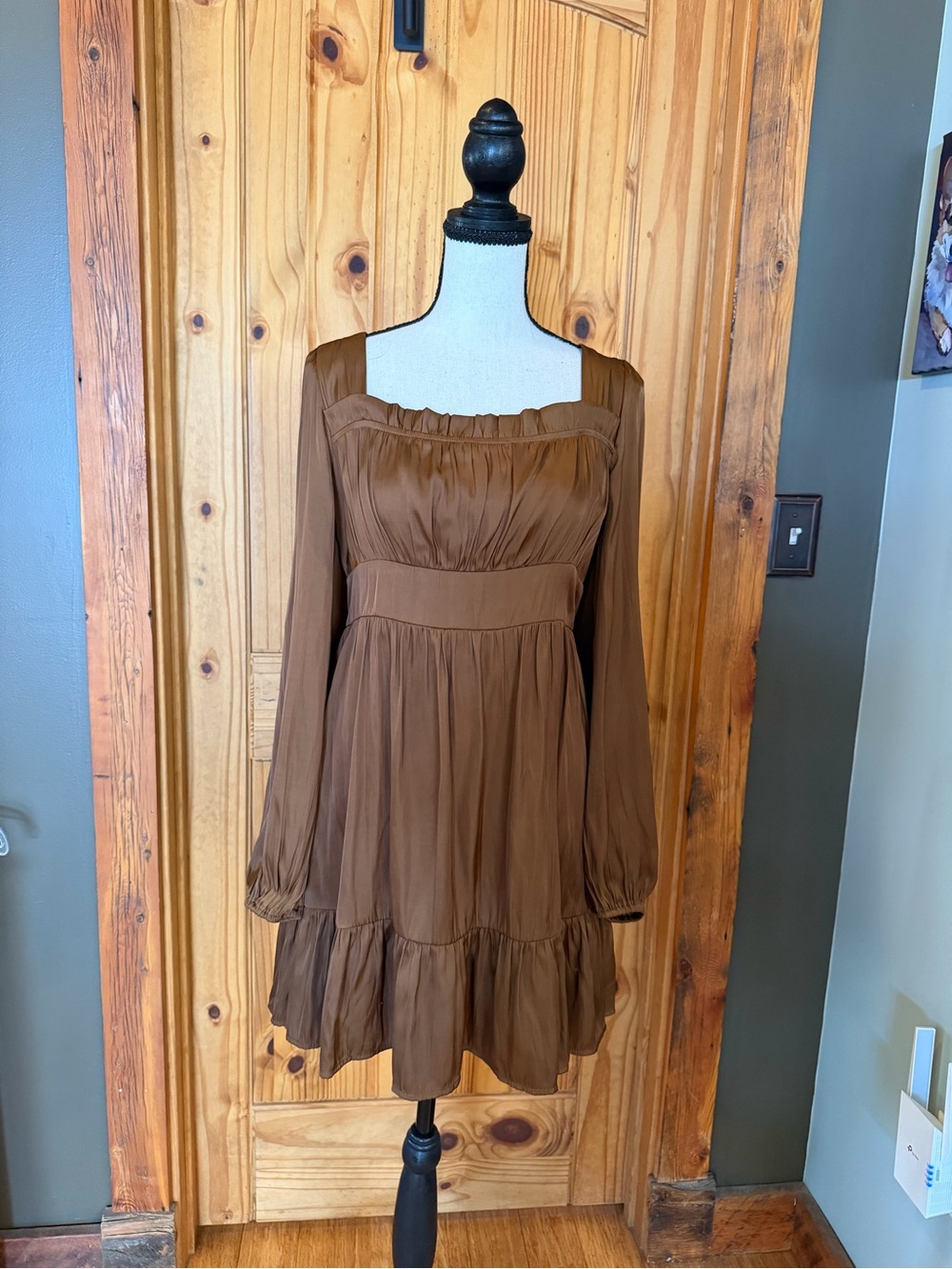 Mine Brown Square-Neck Long Sleeve Tiered Dress